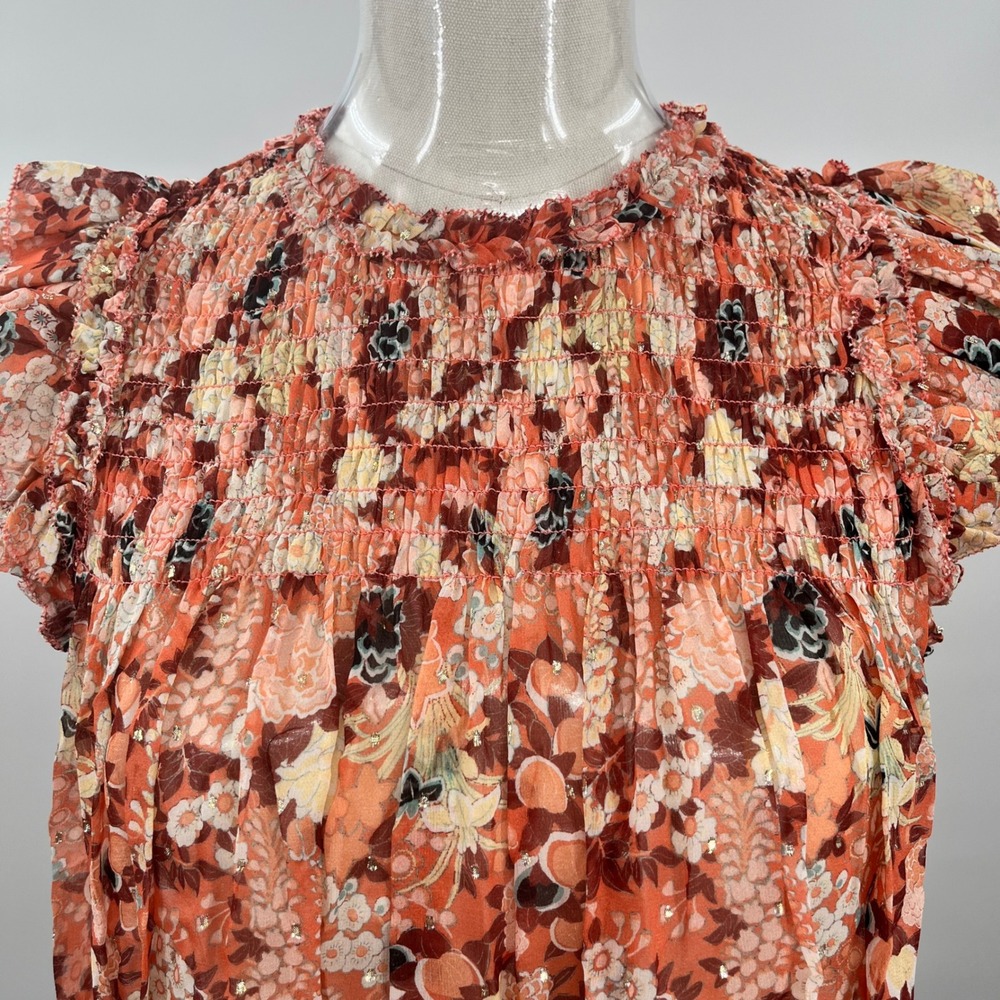 Ulla Johnson Blouse Womens Size 0 Orange Floral Silk Smocked Metallic Top - Picture 4 of 13